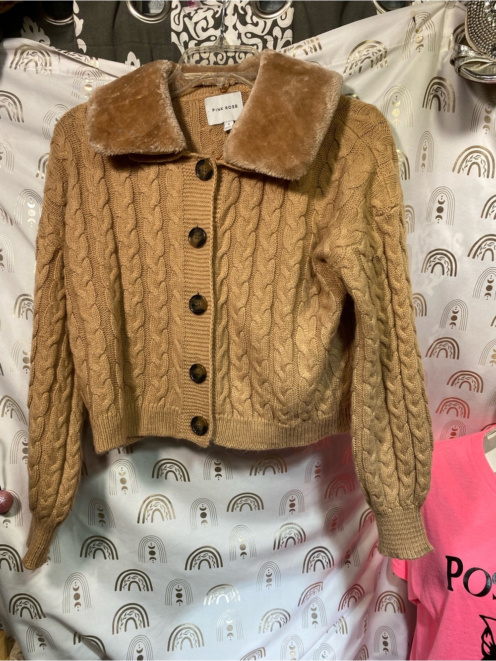 Pink Rose Camel Cable-Knit Sweater Jacket with Faux Fur Collar